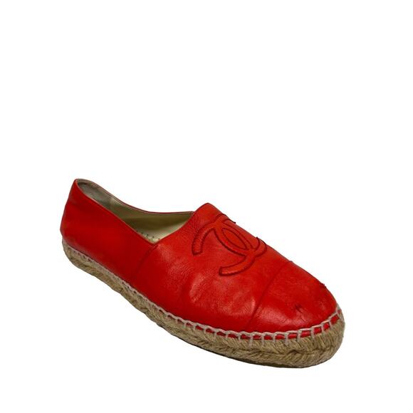 CHANEL Red Lambskin Leather CC Logo Cap Toe Espadrilles Loafers Size 37 US 7 - Picture 2 of 11
